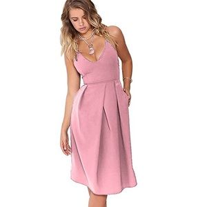Pink V-Neck Sleeveless Midi Dress